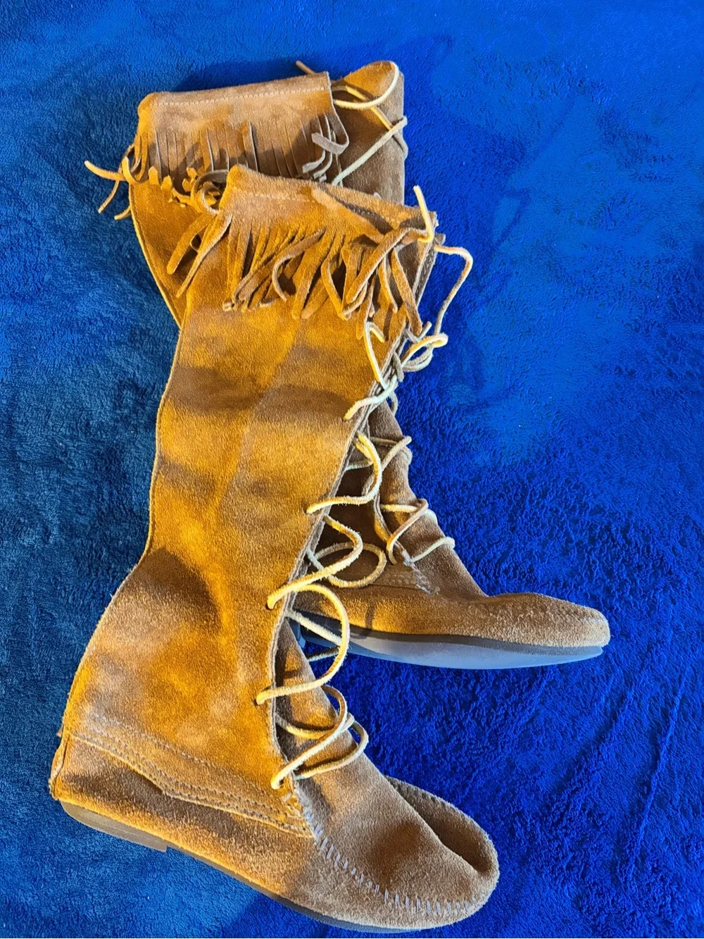 Minnetonka Chestnut Suede Fringe Lace-Up Over-The-Knee Boots